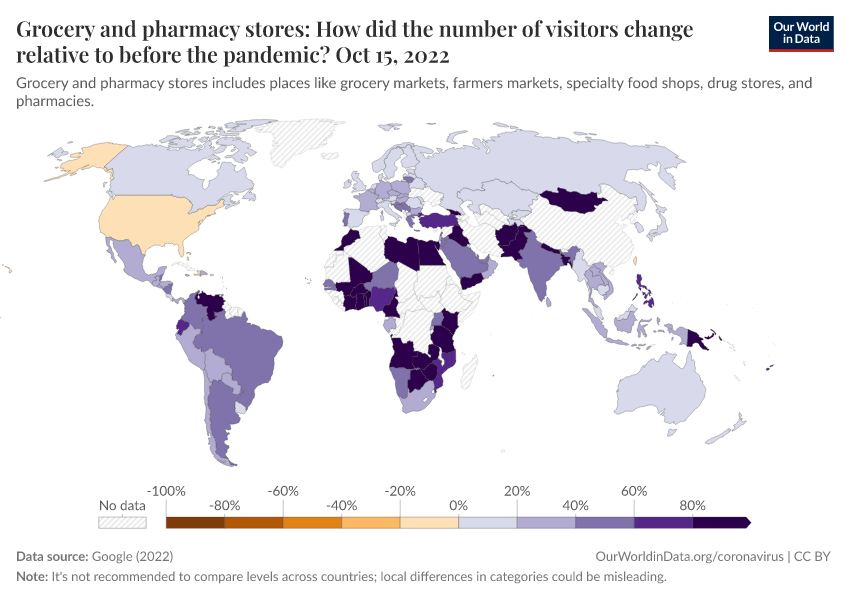 A thumbnail of the "Grocery and pharmacy stores: How did the number of visitors change relative to before the pandemic?" chart
